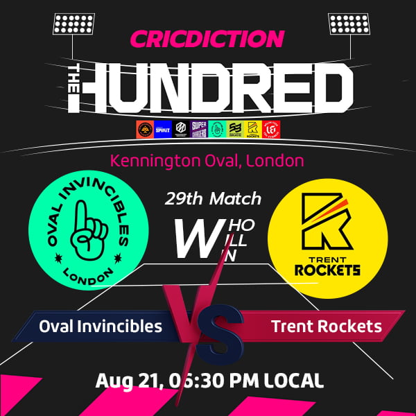 The Oval Invincibles and Trent Rockets are set to face off in an exciting Match 29 of the Men's Hundred 2023 Competition. This anticipated battle will be held at London's renowned Kennington Oval on Monday, August 21, 2023.